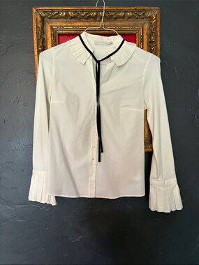 Anne Fontaine Ivory Pleated Collar Blouse with Black Tie